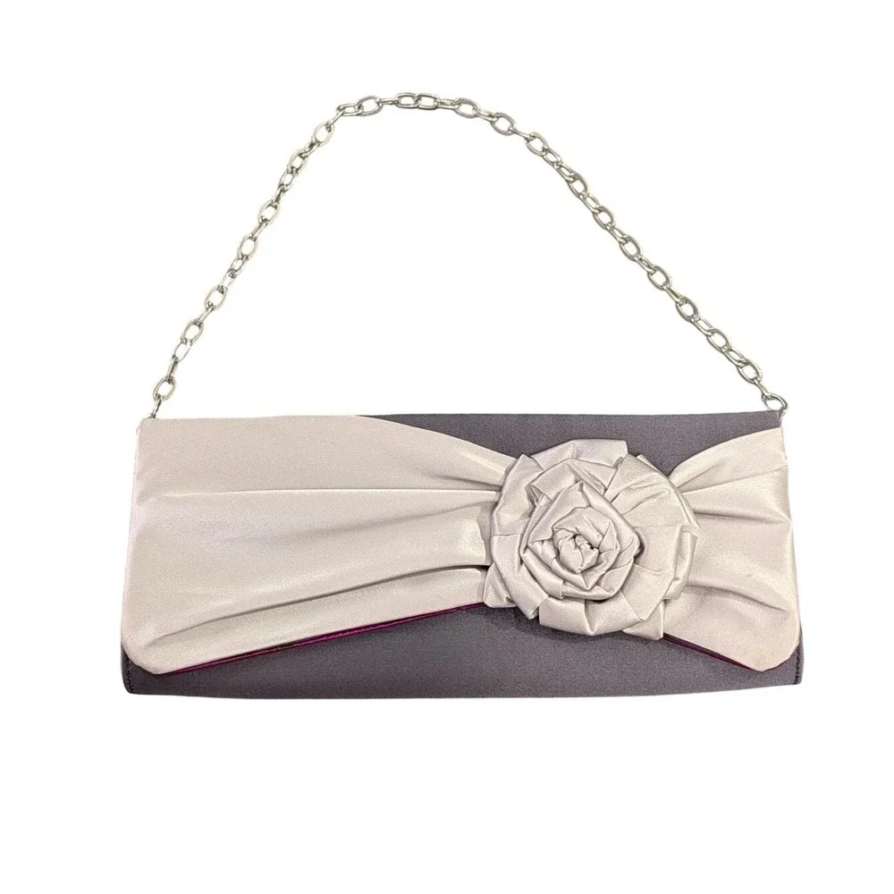 Ted Baker Silk Clutch Shoulder Bag With Chain Gray Evening Formal Cocktail Party